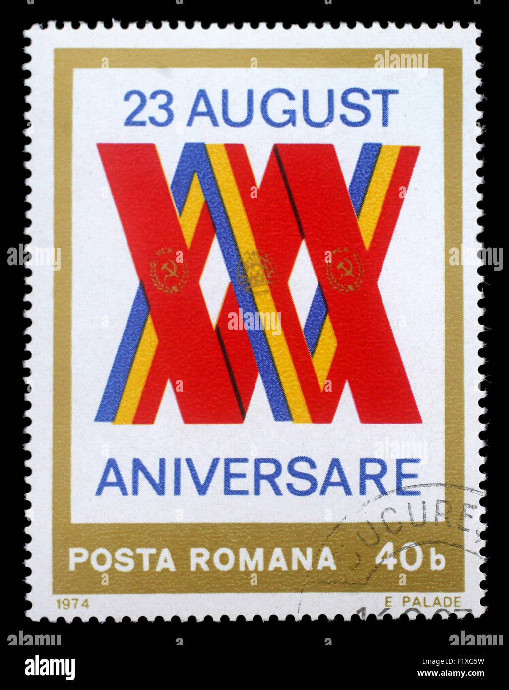 Stamp printed by Romania, shows emblem and flags, circa 1974 Stock Photo