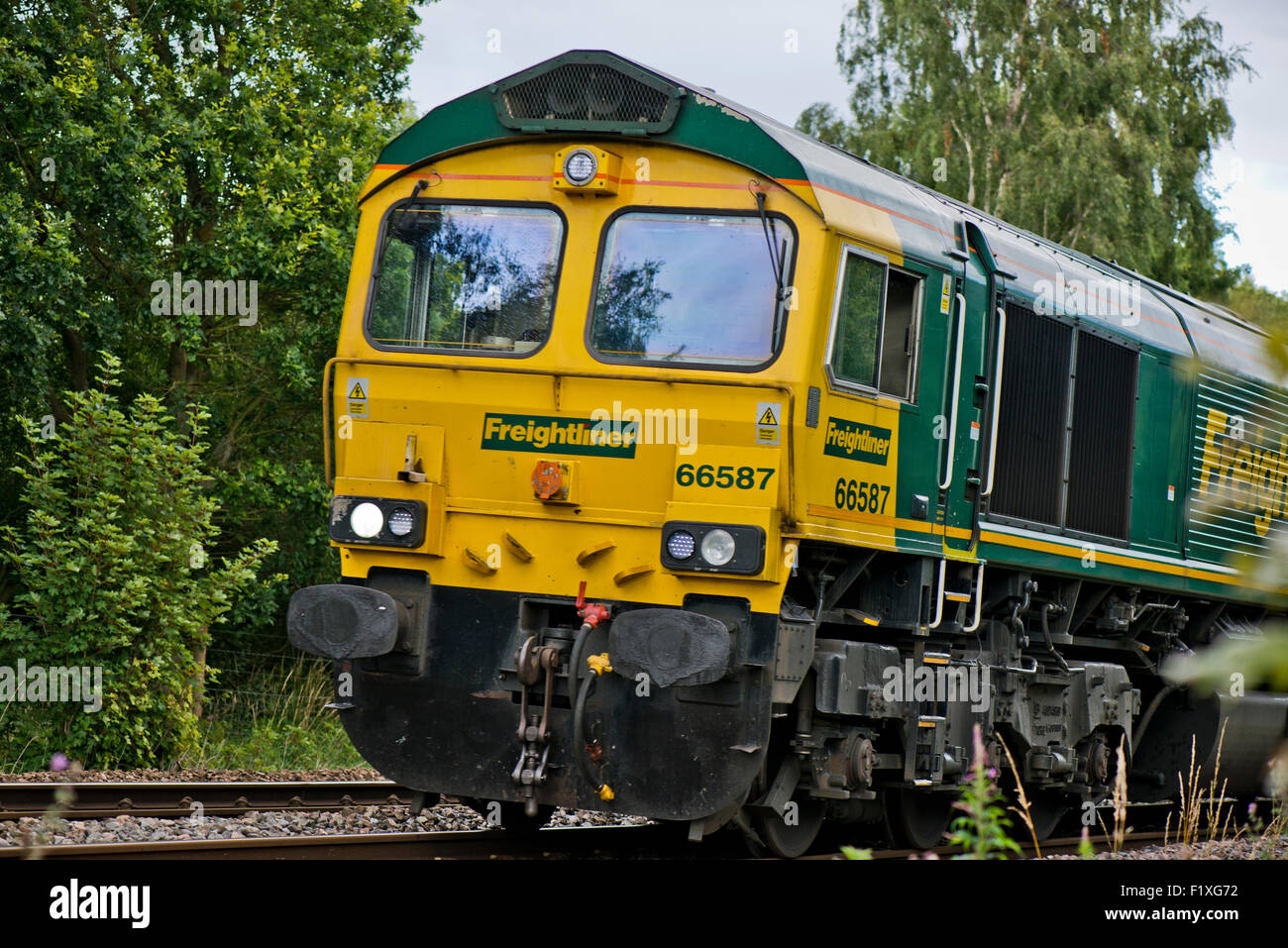 Freightliner train (66587) on railway line next to the Whisby Nature Park, Near Lincoln, Lincolnshire, UK Stock Photo