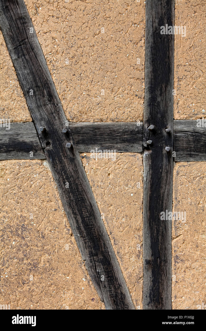 Old half-timbered wall, wooden beams with clay, 17th century, Germany, Europe, Stock Photo