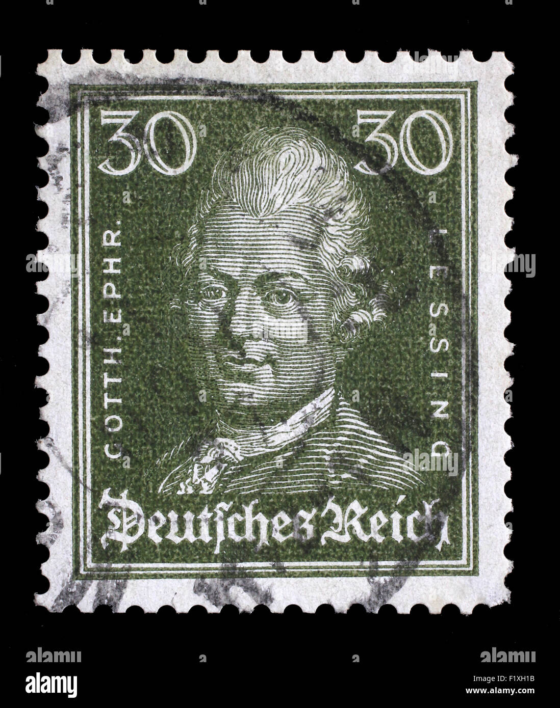 Stamp printed in the German Reich shows image of Gotthold Ephraim Lessing, the writer and philosopher, series, circa 1926 Stock Photo
