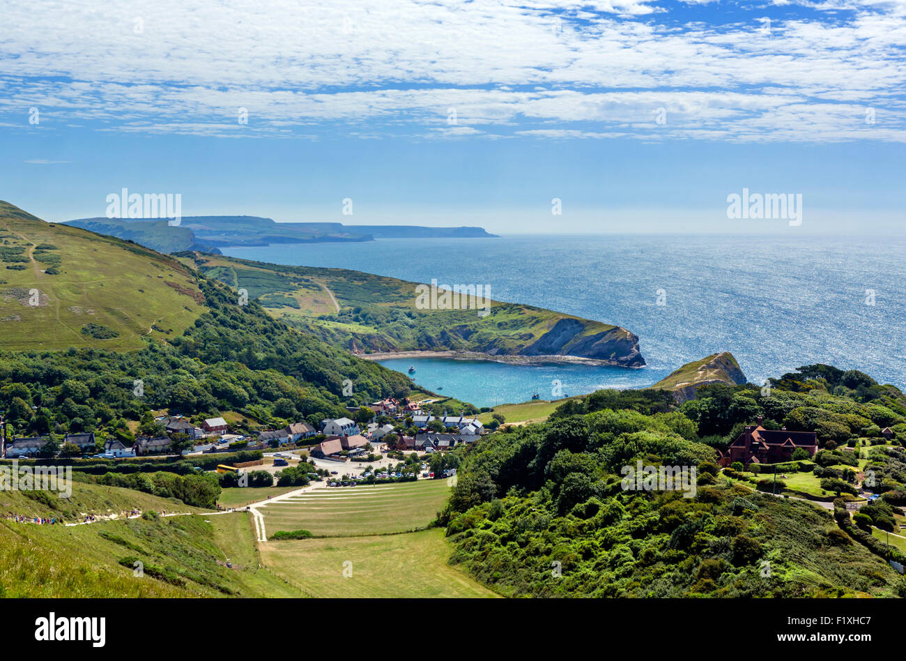 View from the South West Coast Path overlooking Lulworth Cove, Lulworth, Jurassic Coast, Dorset, England, UK Stock Photo