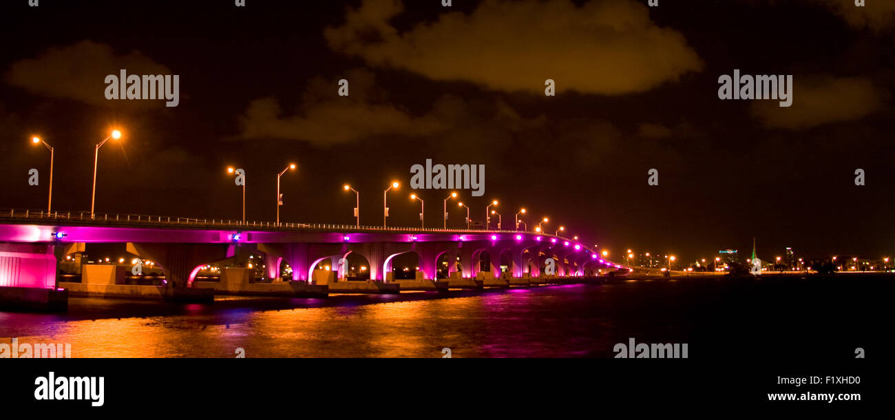 Bridge lit up at night, Miami, Miami-Dade County, Florida, USA Stock Photo