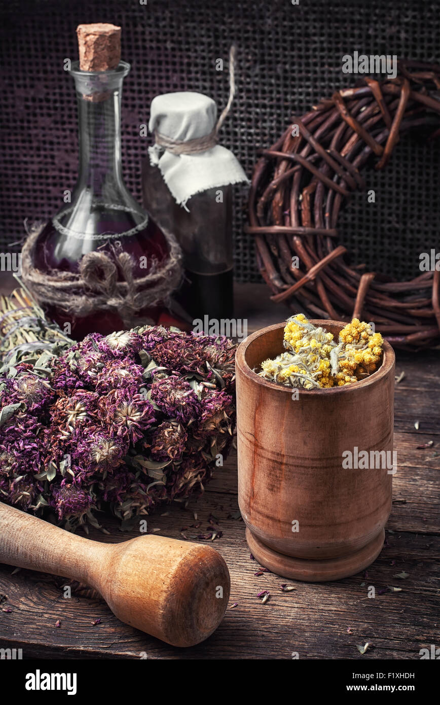 Cut  bunch medicinal plants,mortar on wooden table.Toned. Stock Photo