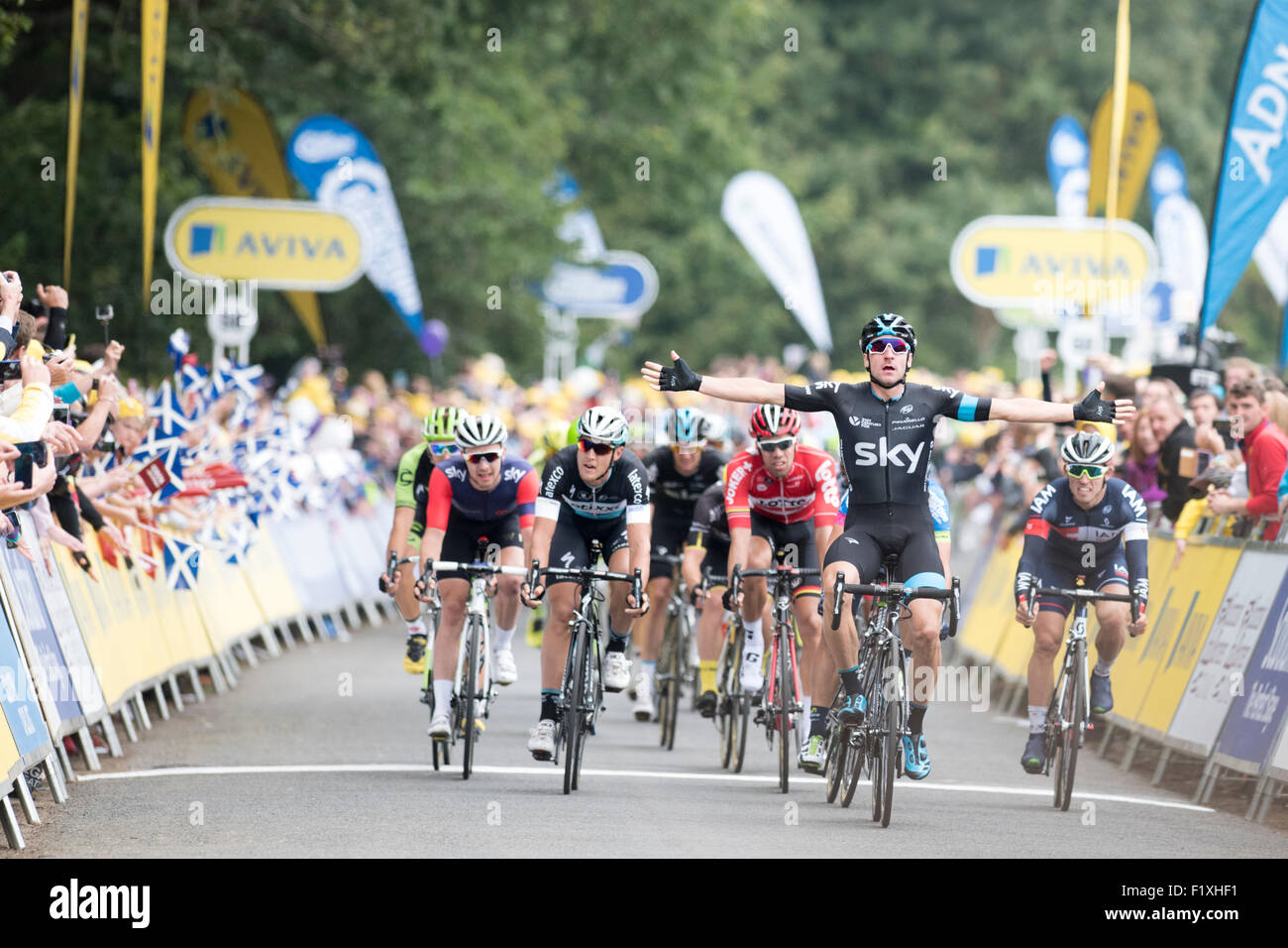 Floors Castle, Kelso, UK. 08th Sep, 2015. Elia Viviani (Team Sky) wins stage three of the Aviva Tour of Britain between Cockermouth and Kelso, United Kingdom on 8 September 2015. The race, which covers 7 stages, started on 6 September in Beaumaris, Anglesey, and ends on 13 August in London, United Kingdom. Viviani also won stage one of the race on Sunday into Wrexham. Credit:  Andrew Peat/Alamy Live News Stock Photo