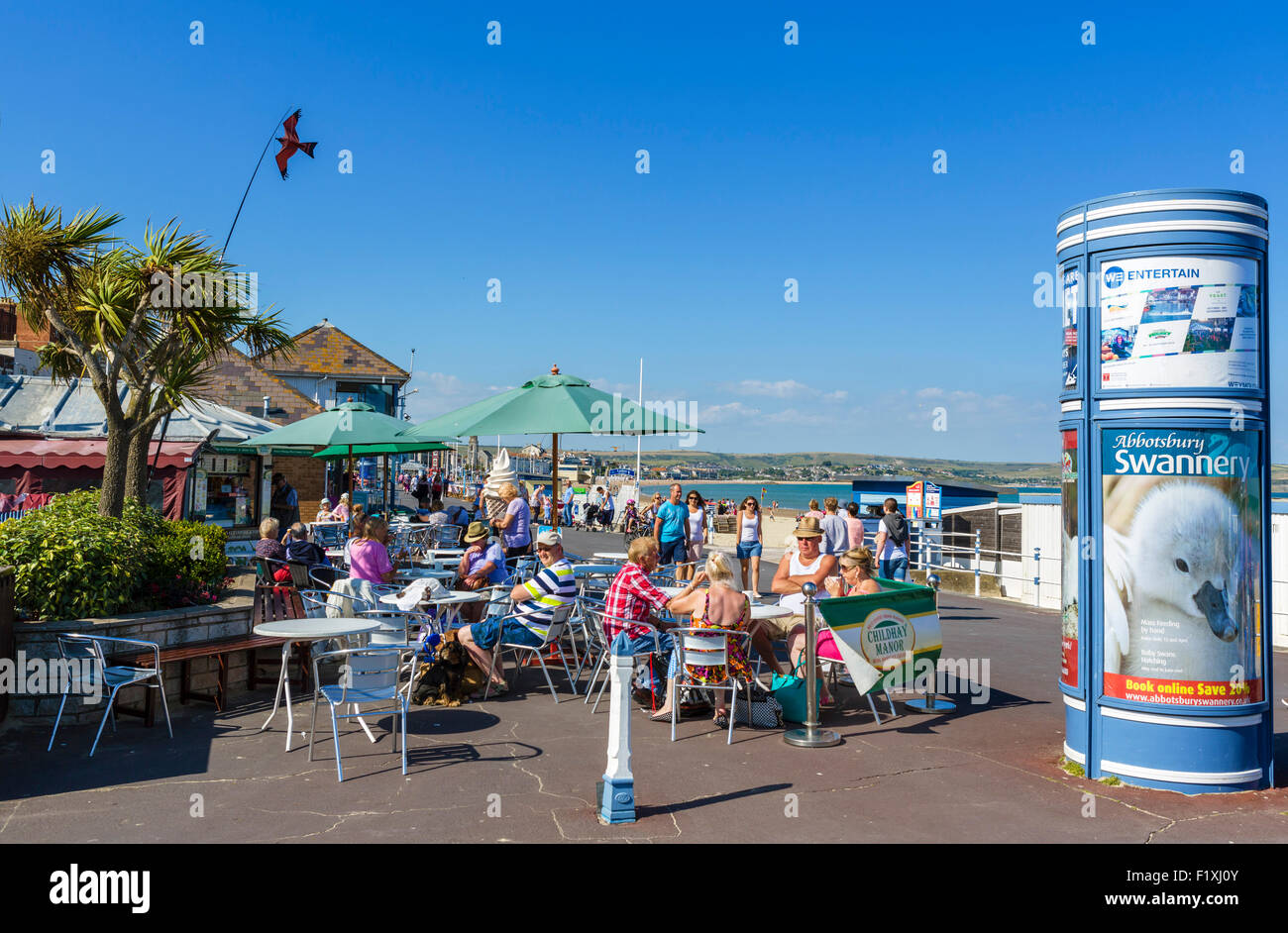 Cafe on the Esplanade with the beach behind, Weymouth, Jurassic Coast, Dorset, England, UK Stock Photo