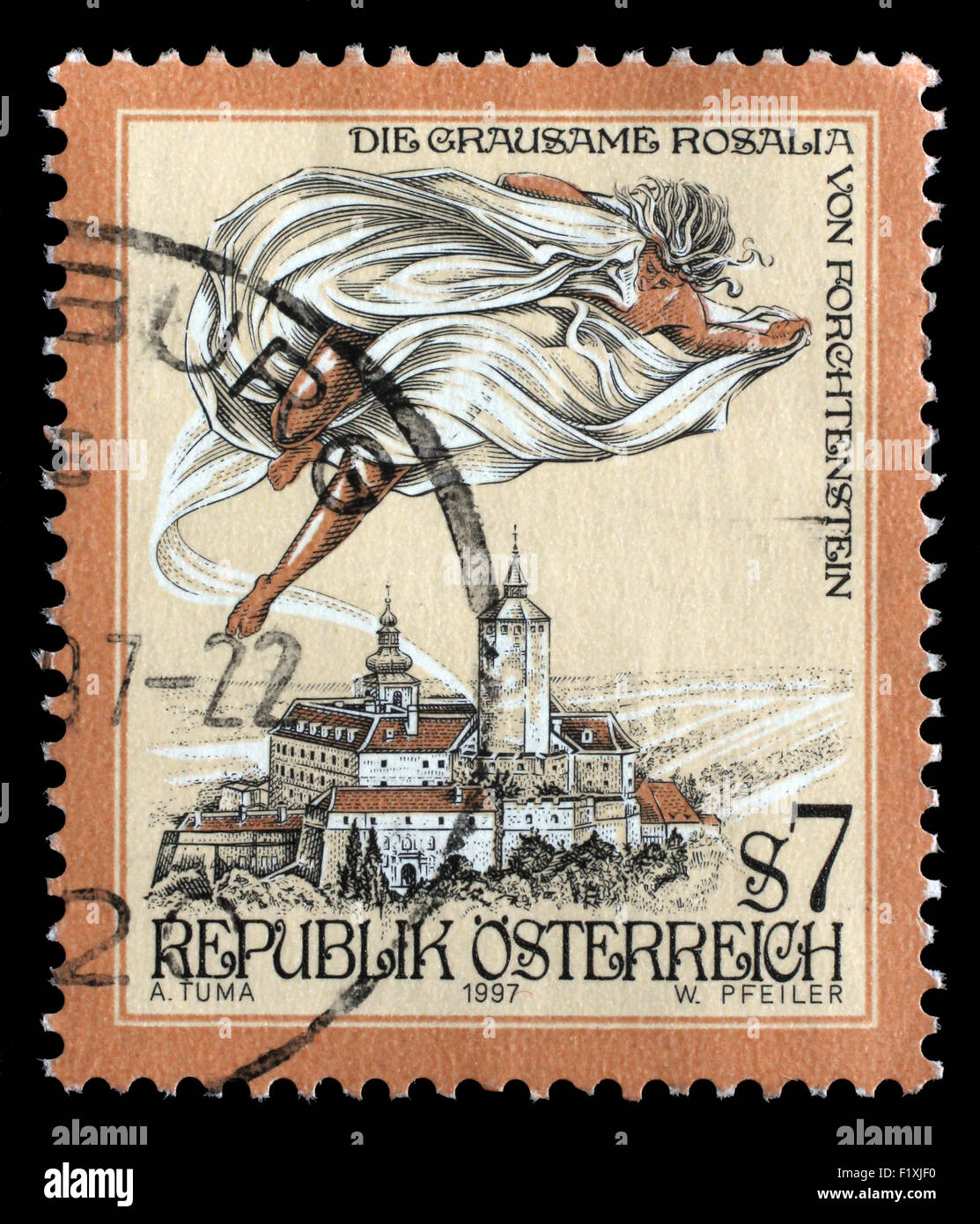 Stamp printed in the Austria shows The Cruel Lady of Forchtenstein Castle, Burgenland, circa 1997 Stock Photo