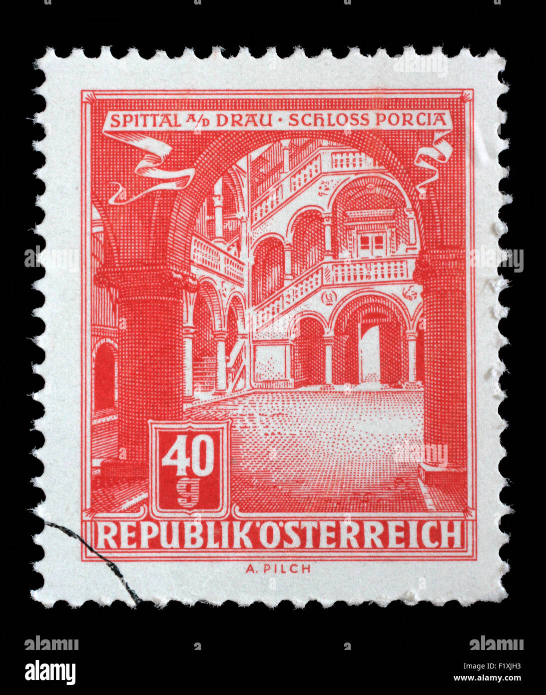 Stamp printed in Austria, shows Schloss Porcia (Porcia Castle) in Spittal an der Drau, circa 1962 Stock Photo