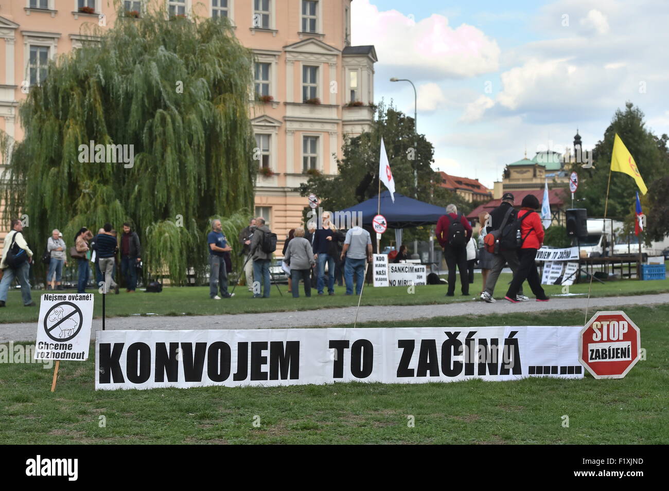 Prague, Czech Republic. 08th Sep, 2015. The No Bases initiative organize a protest against the U.S. army Danube Ride convoy, which is to cross the Czech territory on September 9-14, in Prague, Czech Republic on Tuesday, September 8, 2015. Credit:  Vit Simanek/CTK Photo/Alamy Live News Stock Photo