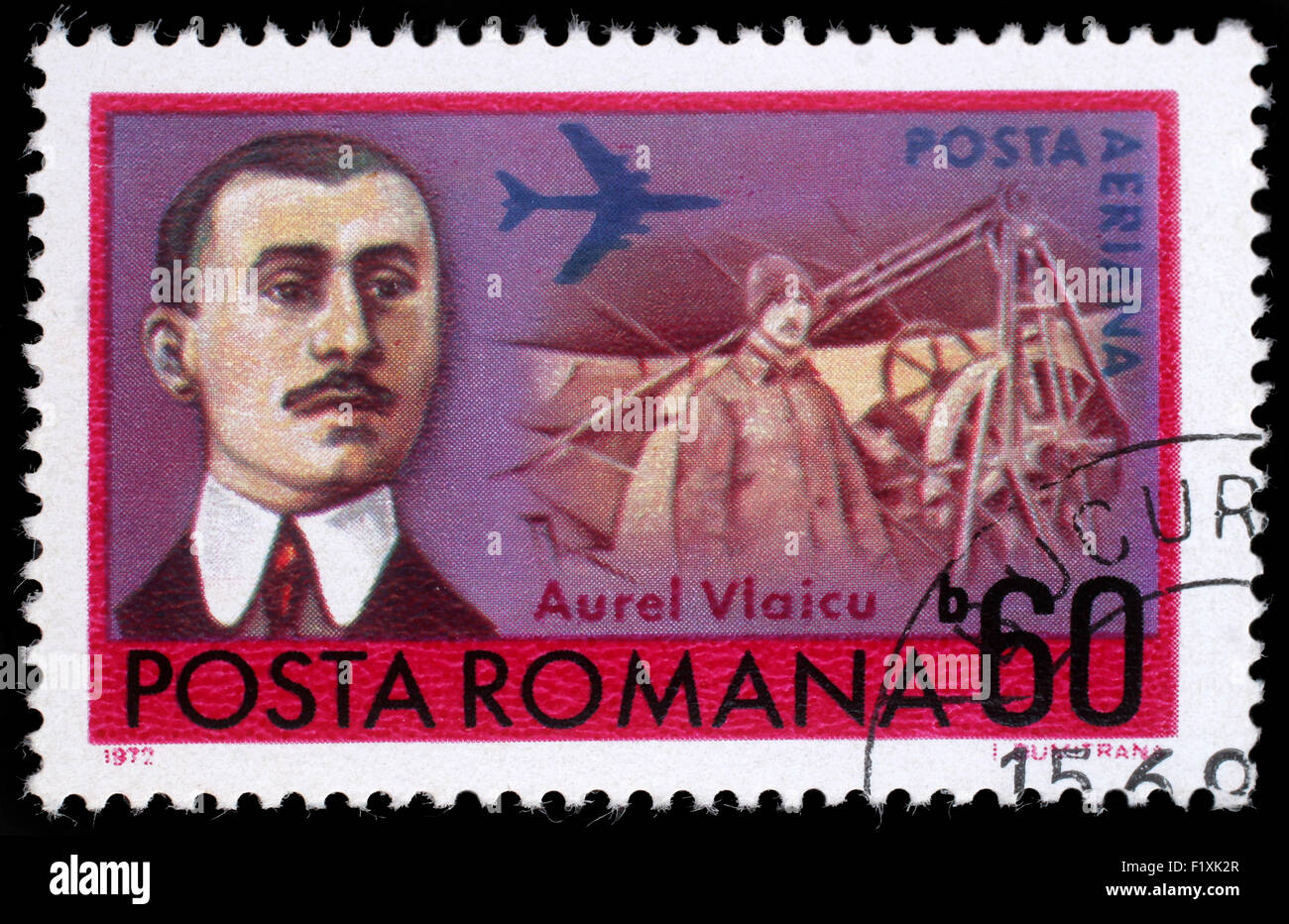 Stamp printed in Romania shows Aurel Vlaicu (1882-1913) Romanian engineer, inventor, airplane constructor, circa 1972. Stock Photo