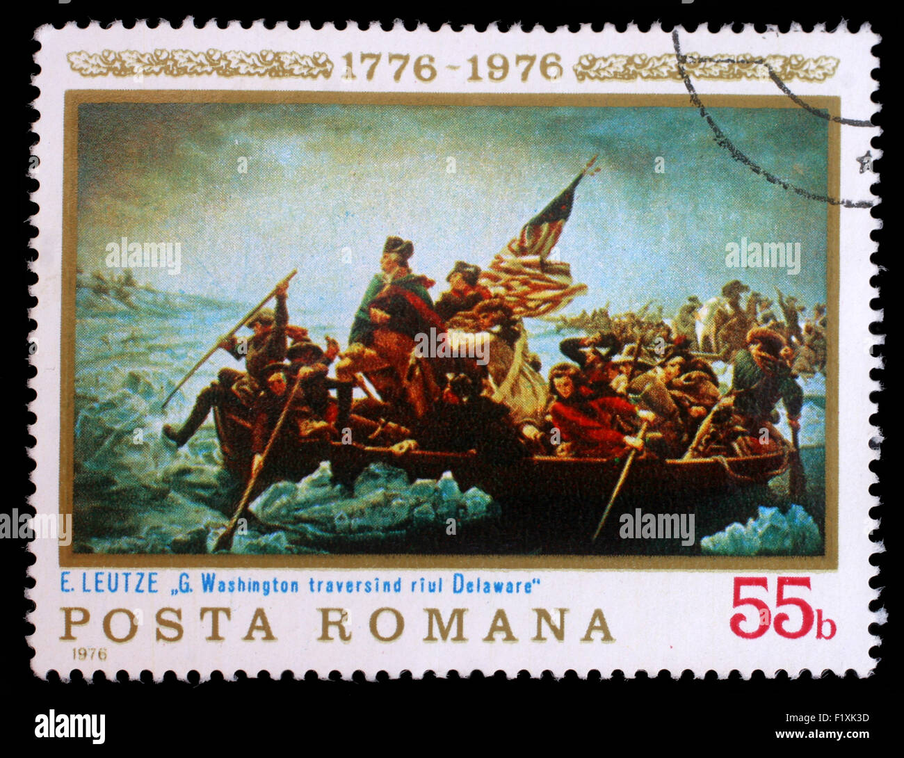 Stamp printed in the Romania shows Washington Crossing the Delaware, Painting by Emanuel Leutze, circa 1976 Stock Photo