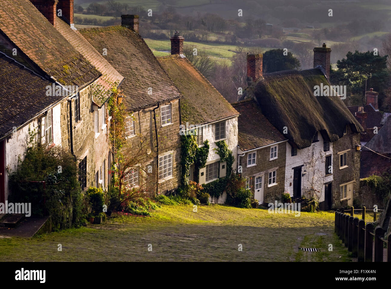 Looking down Gold Hill in the North Dorset town of Shaftesbury, famed for being the setting for a Hovis bread advert. Stock Photo