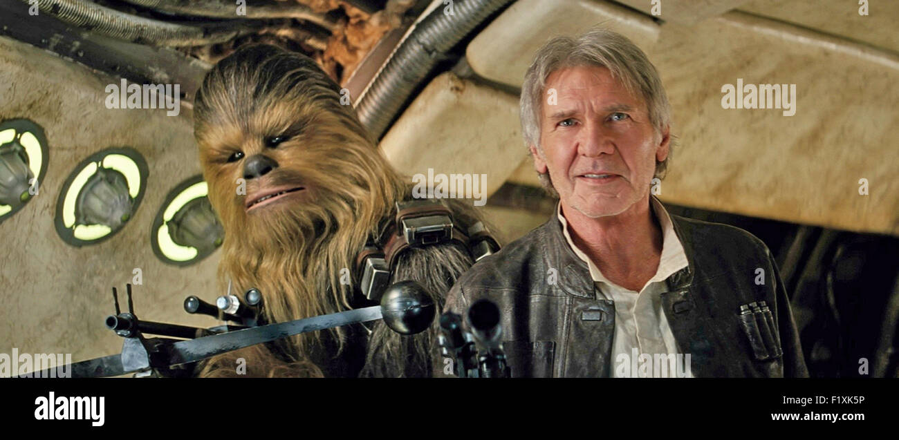 STAR WARS: THE FORCE AWAKENS 2015 Walt Disney Pictures film with Harrison Ford as Hans Solo and Peter Mayhew as Chewbacca Stock Photo