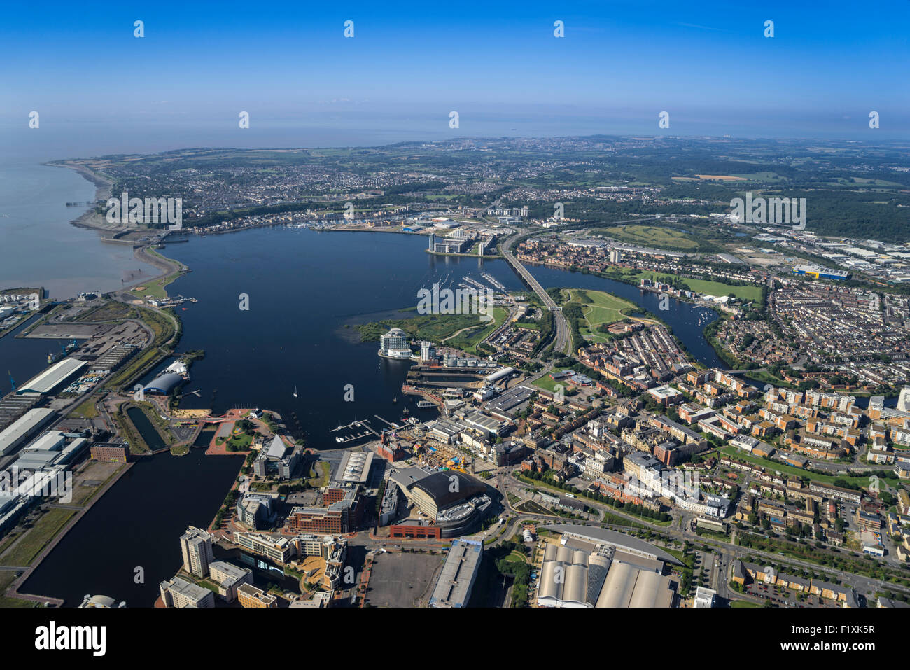 Aerial view of Cardiff Bay August 2015 PHILLIP ROBERTS Stock Photo