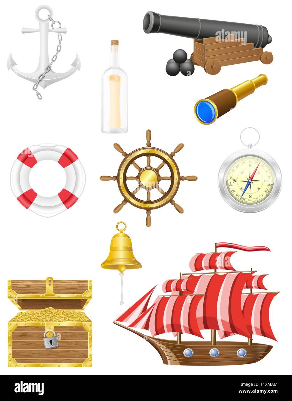 set of sea antique icons vector illustration isolated on white ...