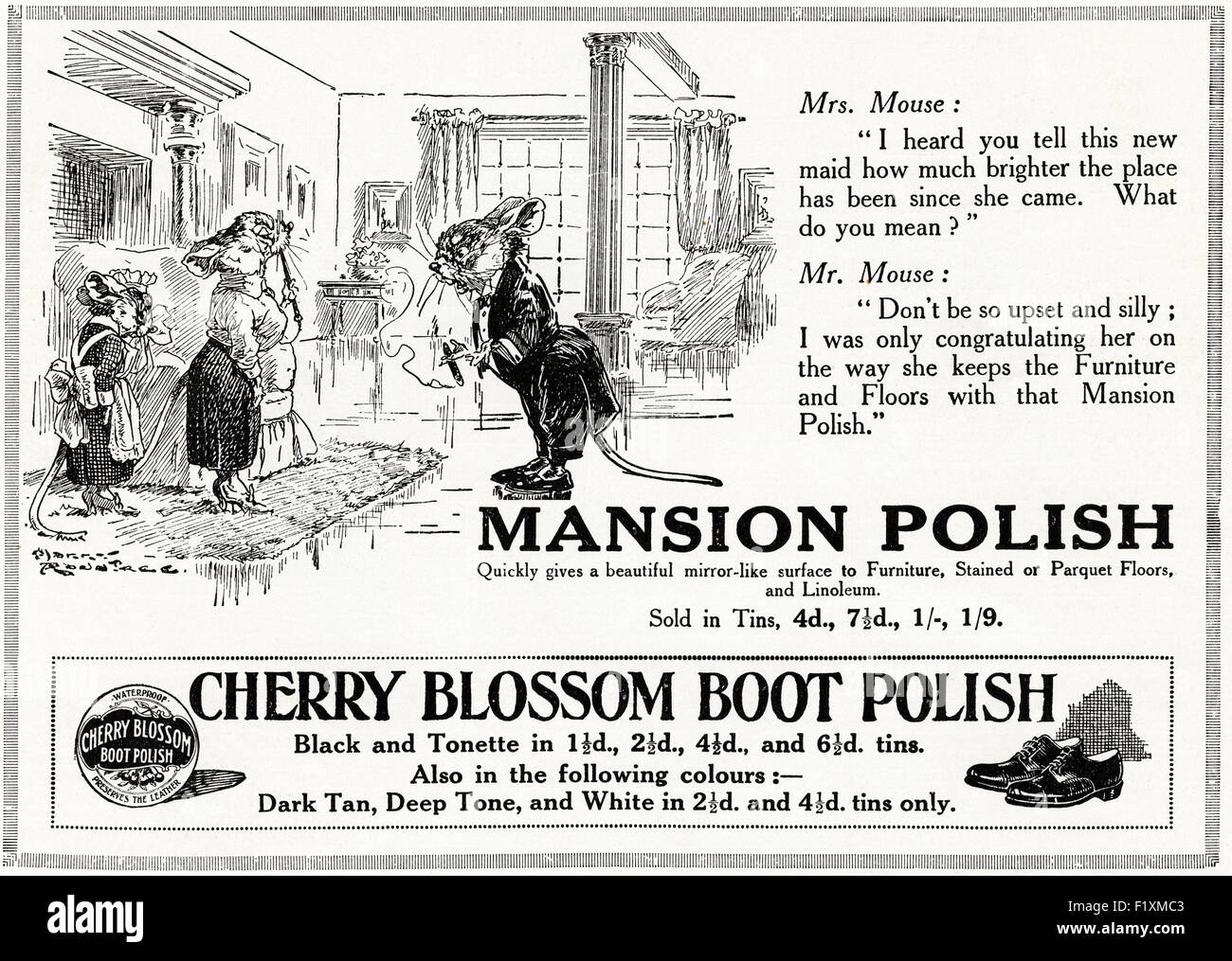 1920s advertisement. Advert dated 1923 advertising Mansion & Cherry Blossom Boot Polish. Stock Photo