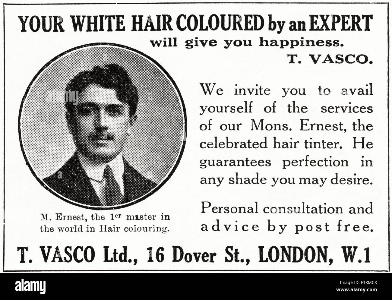 1920s advertisement. Advert dated 1923 advertising hair colouring by T. Vasco Ltd of Dover St London. Stock Photo