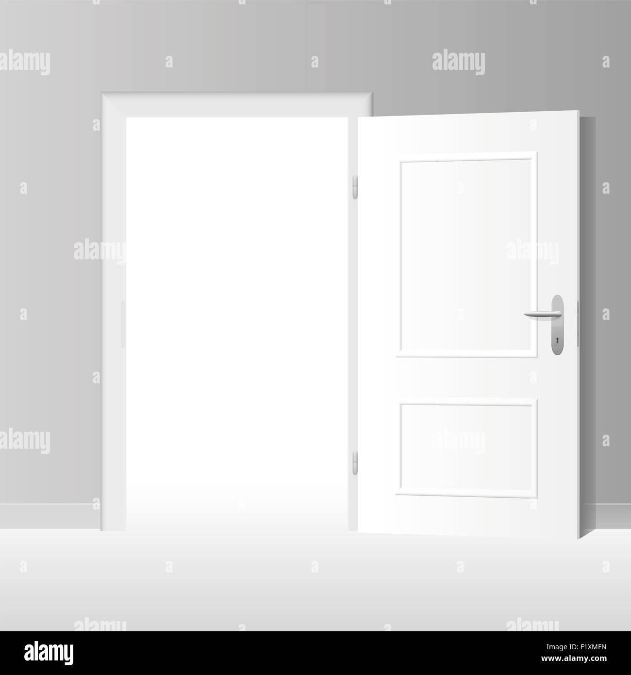 Wide open white door to a bright white room. Illustration. Stock Photo