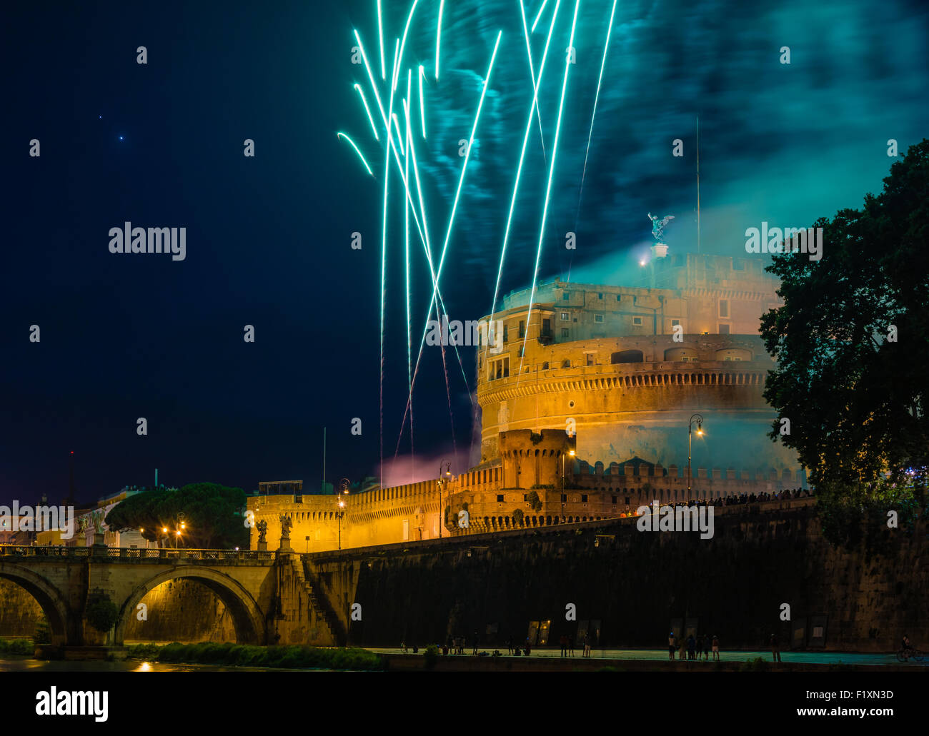 Traditional fireworks show at Castel Sant'Angelo on the feast of St. Peter and Paul, patrons of Rome Stock Photo
