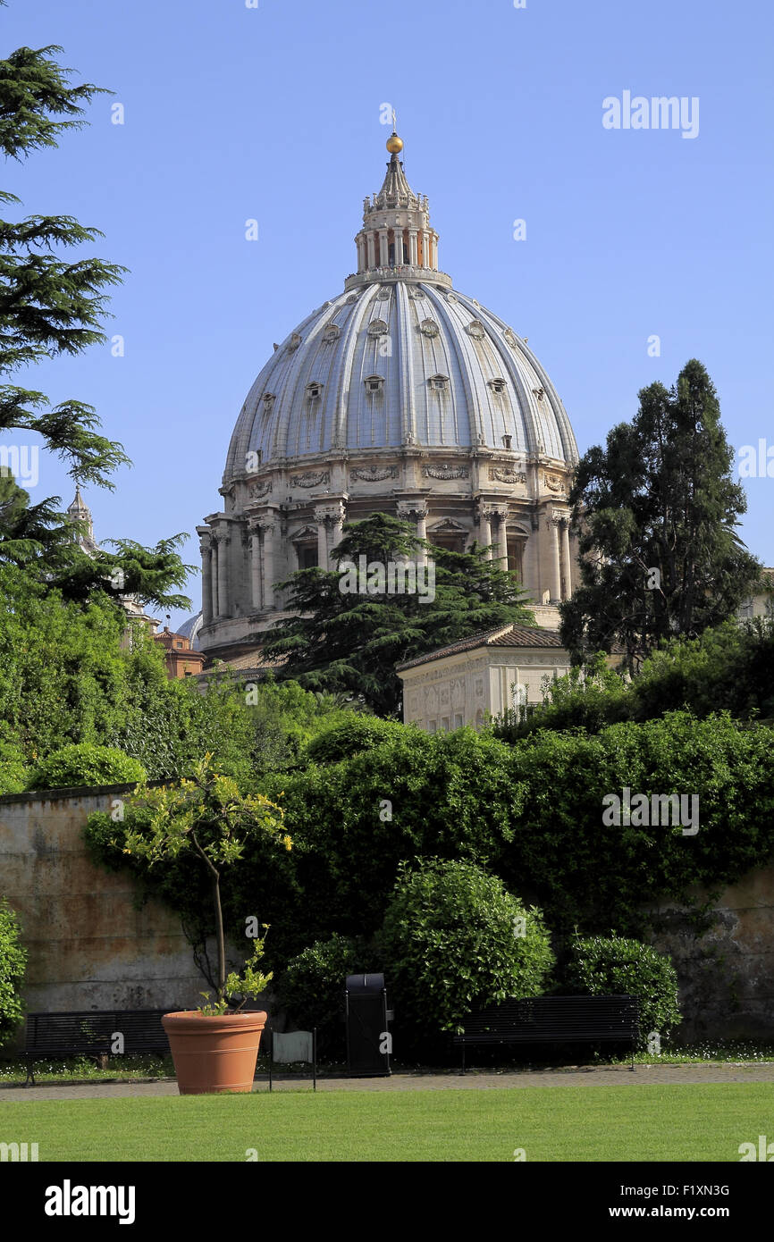 St. Peter's Basilica, St. Peter's Square. Unesco World Heritage. Duomo View from the gardens of the Pinacoteca, Vatican, Rome Stock Photo