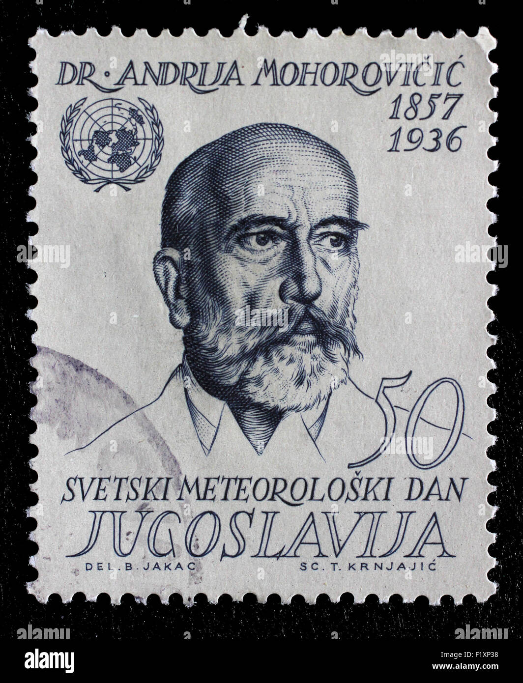 Stamp printed in Yugoslavia shows Andrija Mohorovicic, Croatian meteorologist and seismologist, circa 1963 Stock Photo