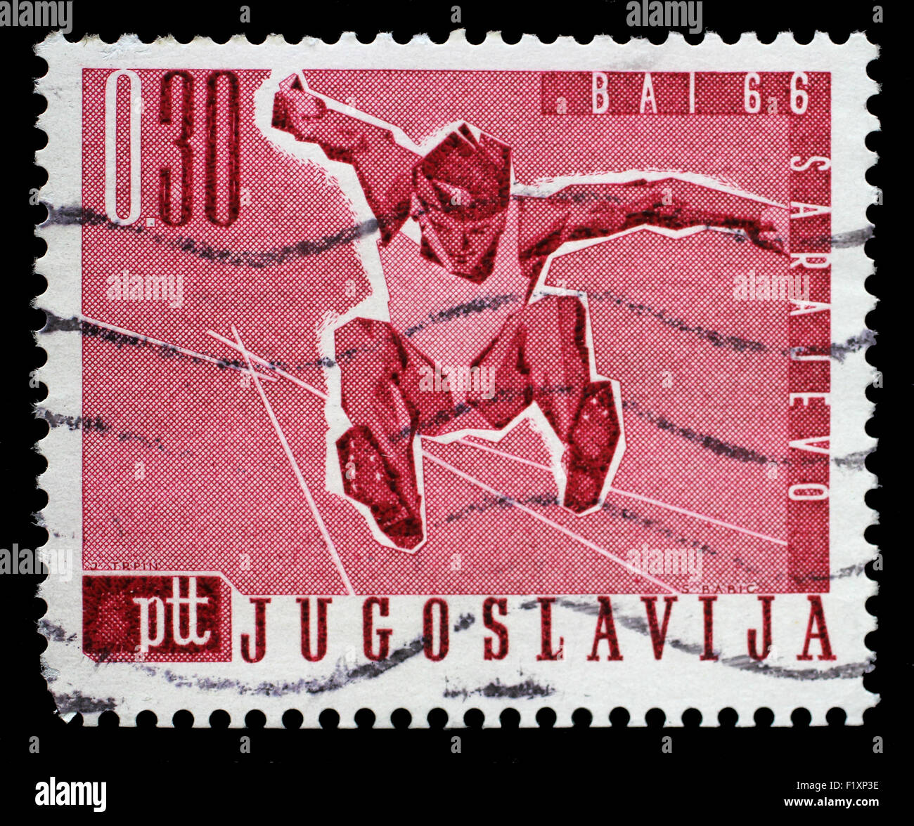 Stamp printed by Yugoslavia shows Long jump, Balkan Games in Sarajevo, circa 1966. Stock Photo