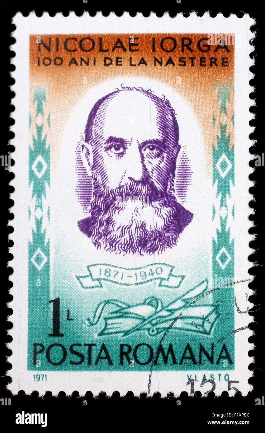 Stamp printed in Romania shows Nicolae Iorga (1871-1940) Romanian  historian, politician, literary critic, circa 1971 Stock Photo - Alamy