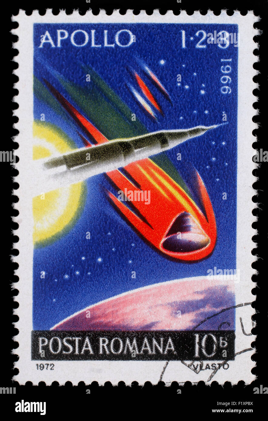 Stamp printed in the Romania shows Apollo 1, 2 and 3, Highlights of US Apollo Space Program, circa 1972 Stock Photo