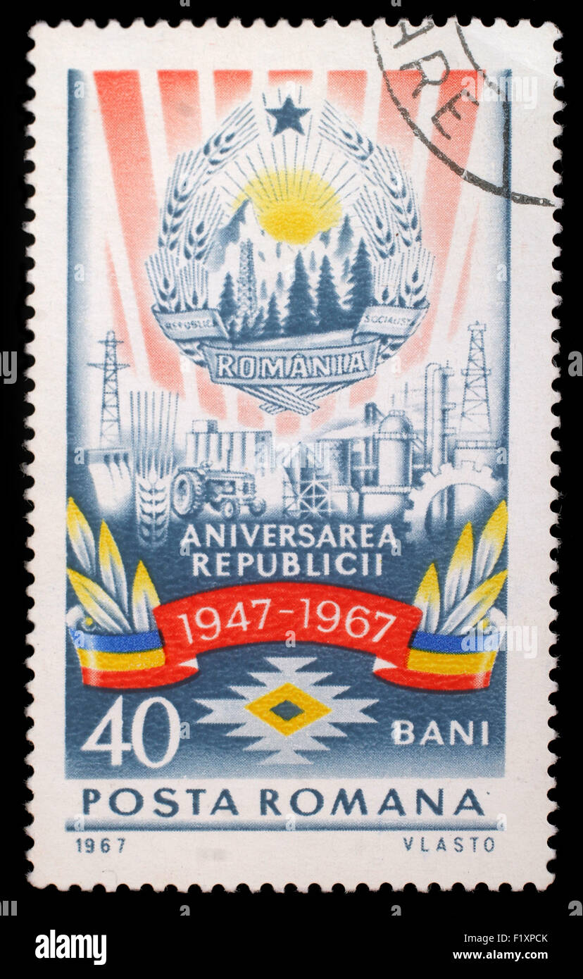 Stamp from Romania shows image commemorating the 20th anniversary of the Socialist Republic of Romania, circa 1967 Stock Photo