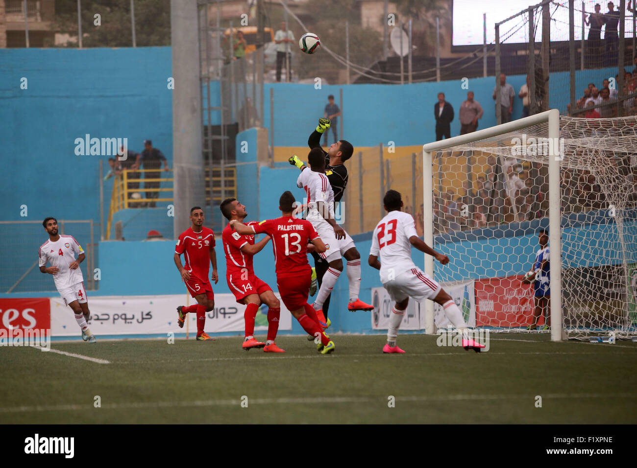 Sept. 8, 2015 - Al-Ram, West Bank, Palestinian Territory - Palestinian players vies for the ball with UAE players during their 2018 FIFA World Cup qualifying football match between Palestine and UAE, at the Faisal al-Husseini Stadium, on September 8, 2015 in the West Bank town of Al-Ram © Shadi Hatem/APA Images/ZUMA Wire/Alamy Live News Stock Photo