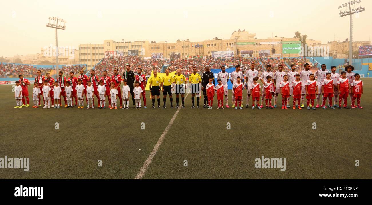 Sept. 8, 2015 - Al-Ram, West Bank, Palestinian Territory - Palestine and UAE teams pose for a photograph before their 018 FIFA World Cup qualifying football match, at the Faisal al-Husseini Stadium, on September 8, 2015 in the West Bank town of Al-Ram © Shadi Hatem/APA Images/ZUMA Wire/Alamy Live News Stock Photo