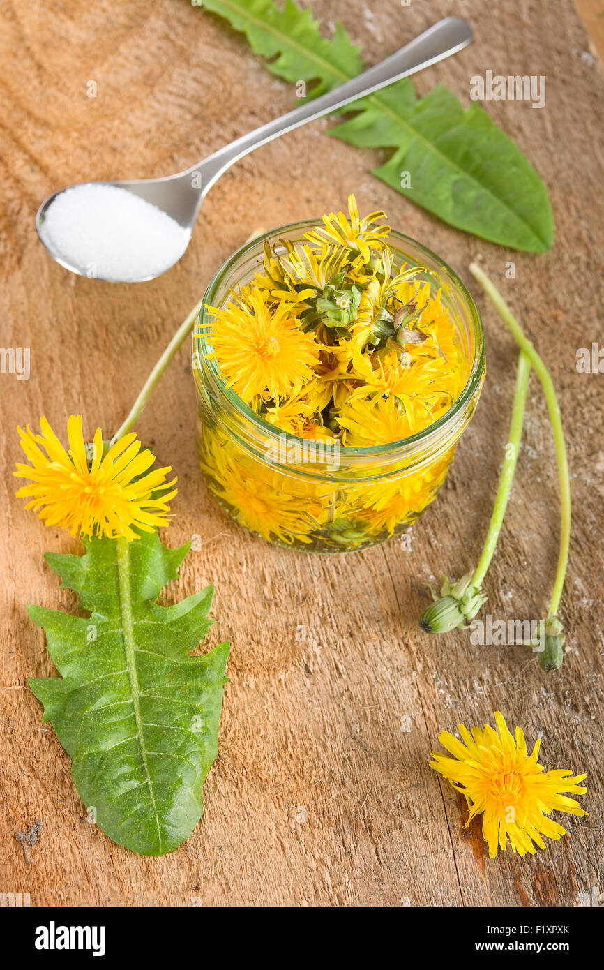 Dandelion flowers in a glass jar Stock Photo - Alamy