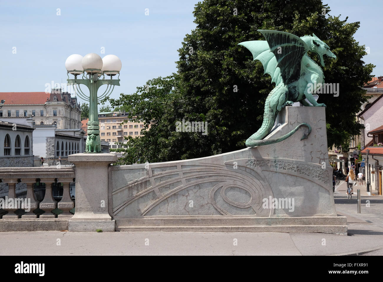 Dragon - symbol of the Slovenian capital on the Dragon Bridge in Ljubljana, Slovenia Stock Photo