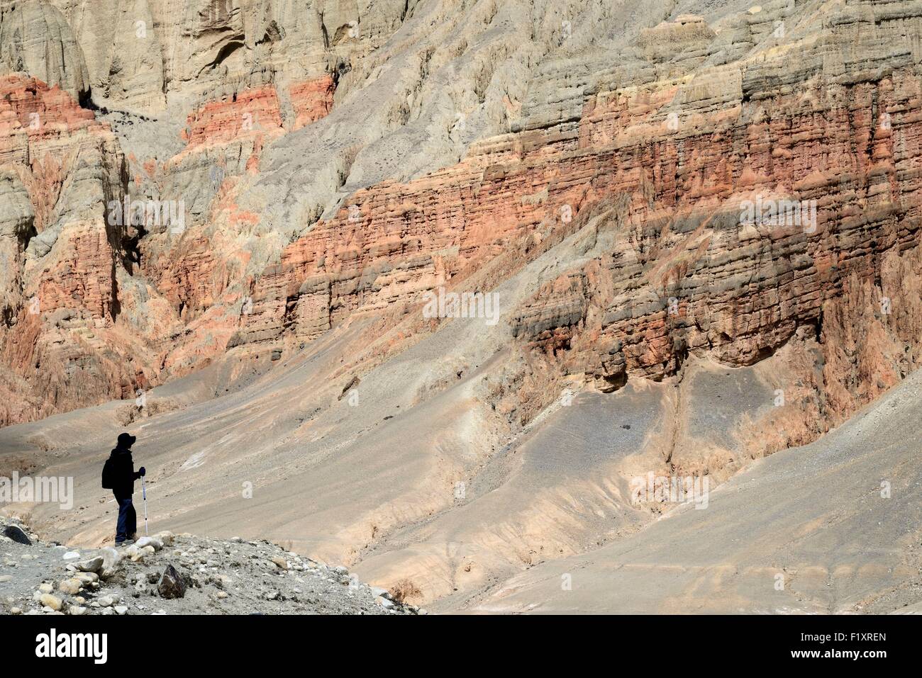 Nepal, Gandaki zone, Upper Mustang (near the border with Tibet), trekker in a mineral landscape with red rocks between Ghemi and Dhamkar Stock Photo