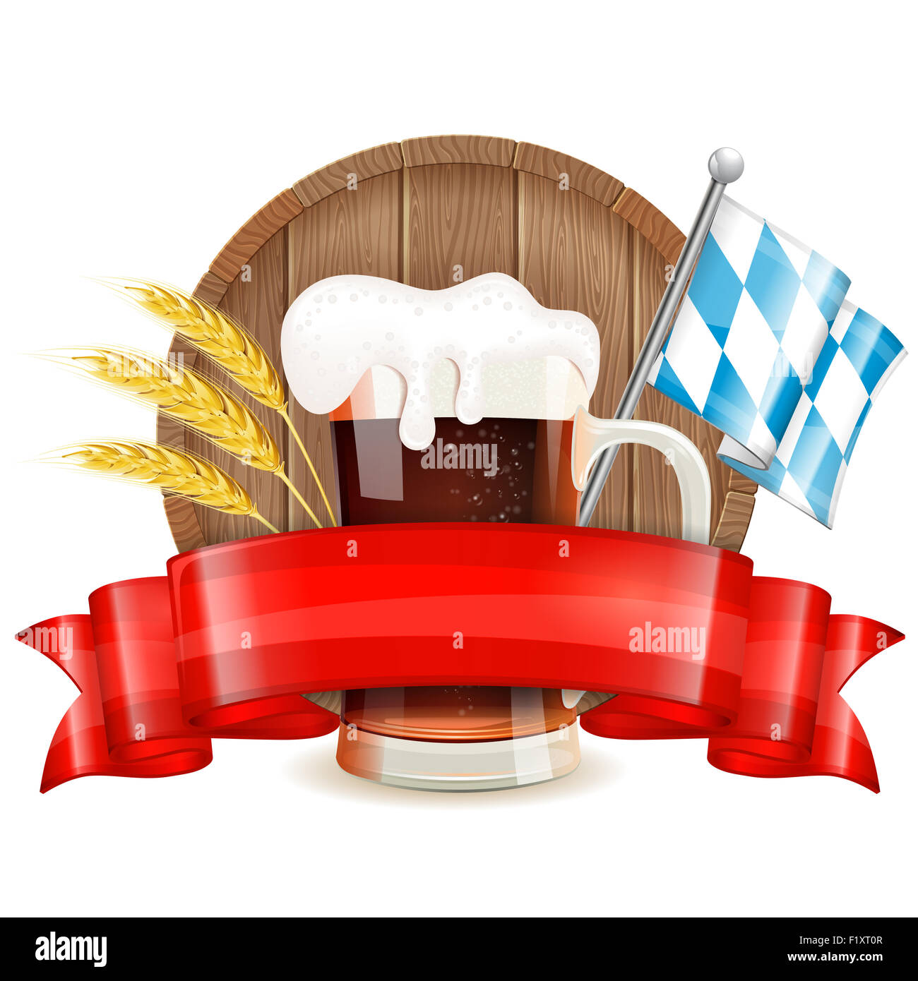 Oktoberfest Poster in Realistic 3D style with Barrel, Glass of Beer, Barley, Flag and Ribbon. Can be used for flyer, poster and Stock Photo