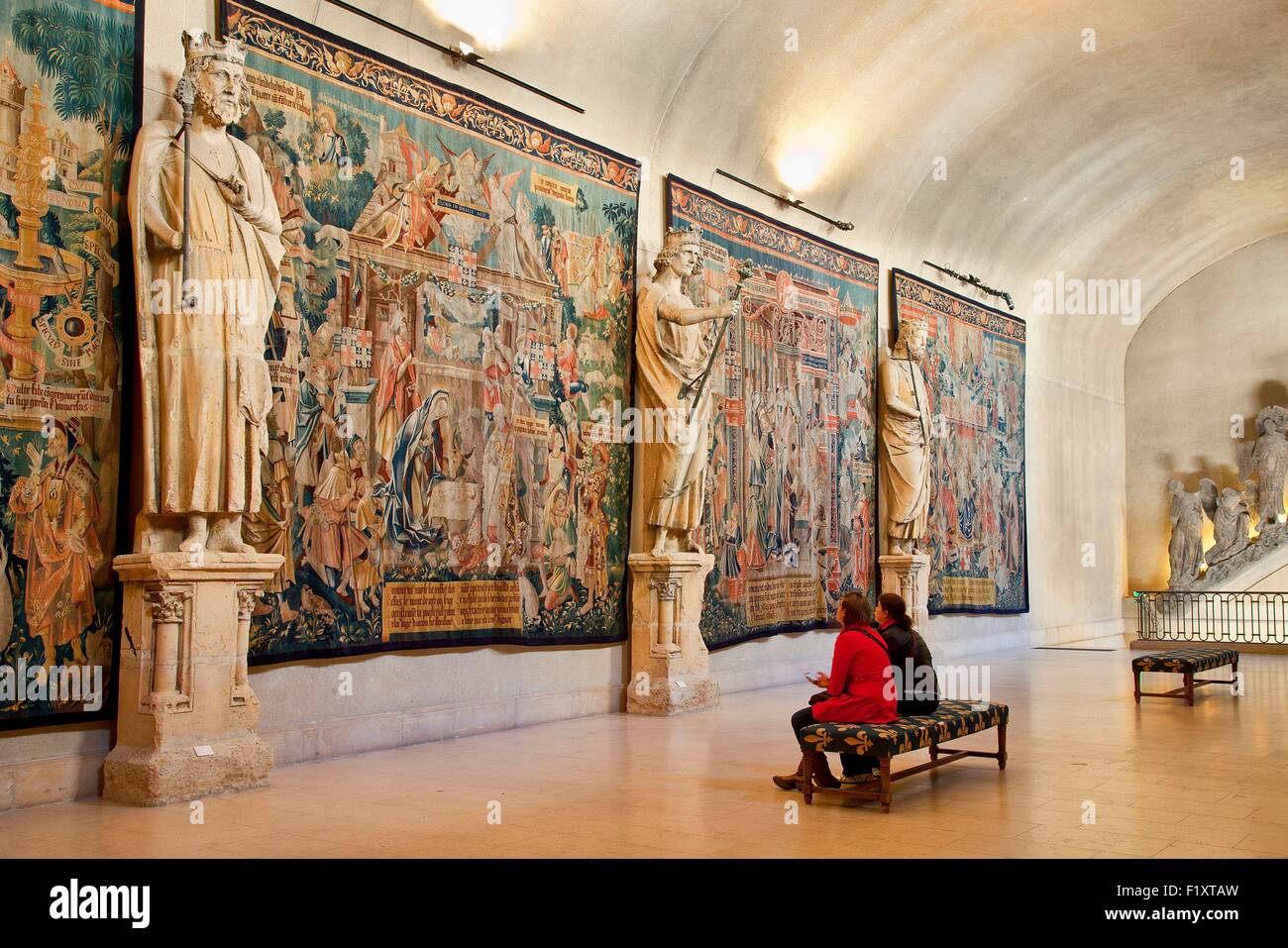 France, Marne, Reims, Palais du Tau, listed as World Heritage by UNESCO, Coronation of the Virgin hall, tapestries depicting the history of the life of the Virgin and statues of the Kings Gallery coming from the Cathedral Stock Photo