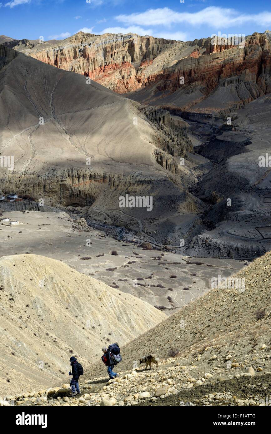 Nepal, Gandaki zone, Upper Mustang (near the border with Tibet), trekkers near the village of Ghemi Stock Photo
