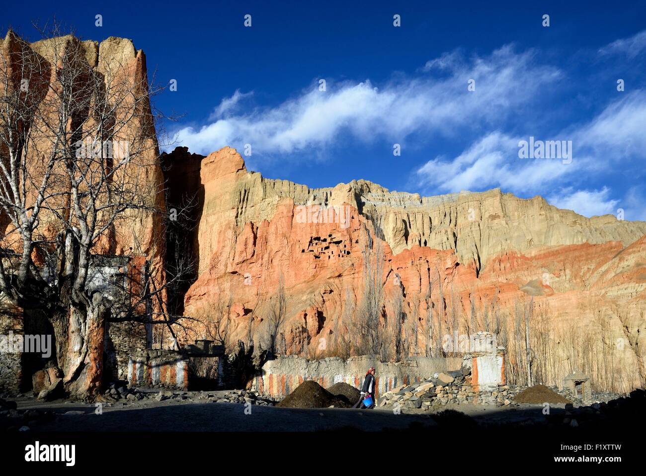 Nepal, Gandaki zone, Upper Mustang (near the border with Tibet), village of Dhakmar and red cliff with caves Stock Photo