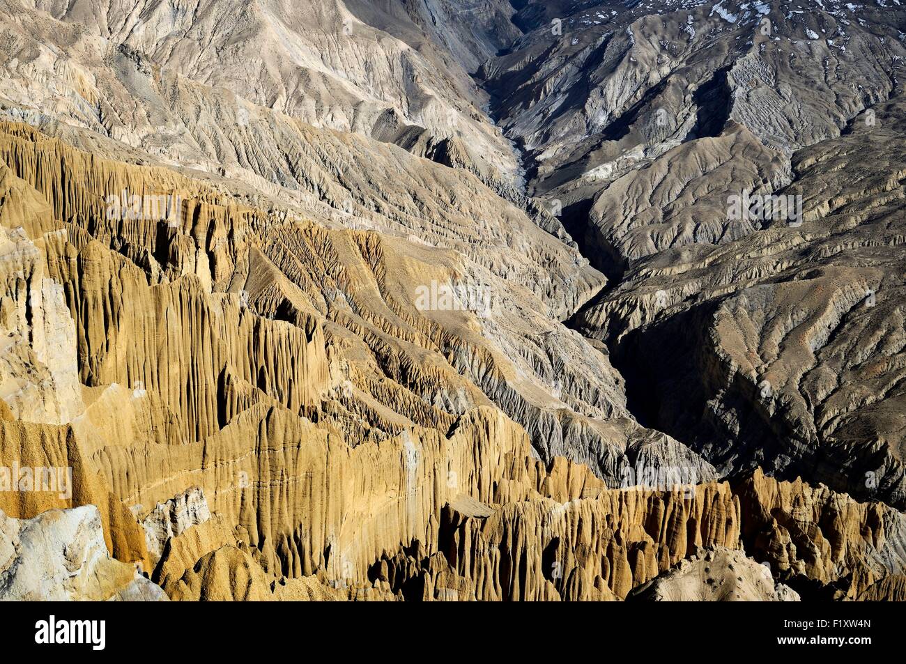 Nepal, Gandaki zone, Upper Mustang (near the border with Tibet), mineral landscape and fairy chimneys between Tangge and Chuksang Stock Photo