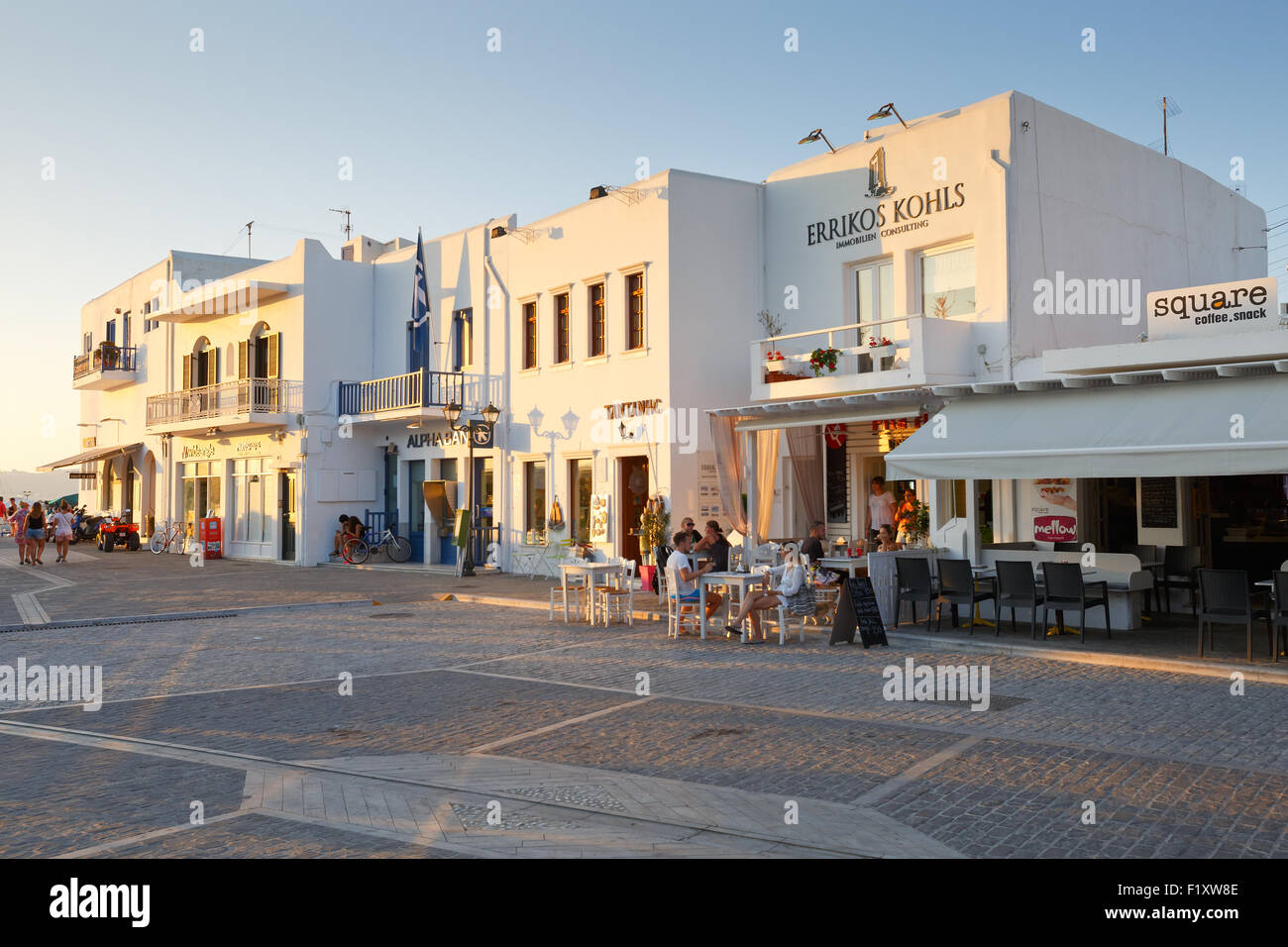 Main square in Naousa village on Paros island, Greece Stock Photo