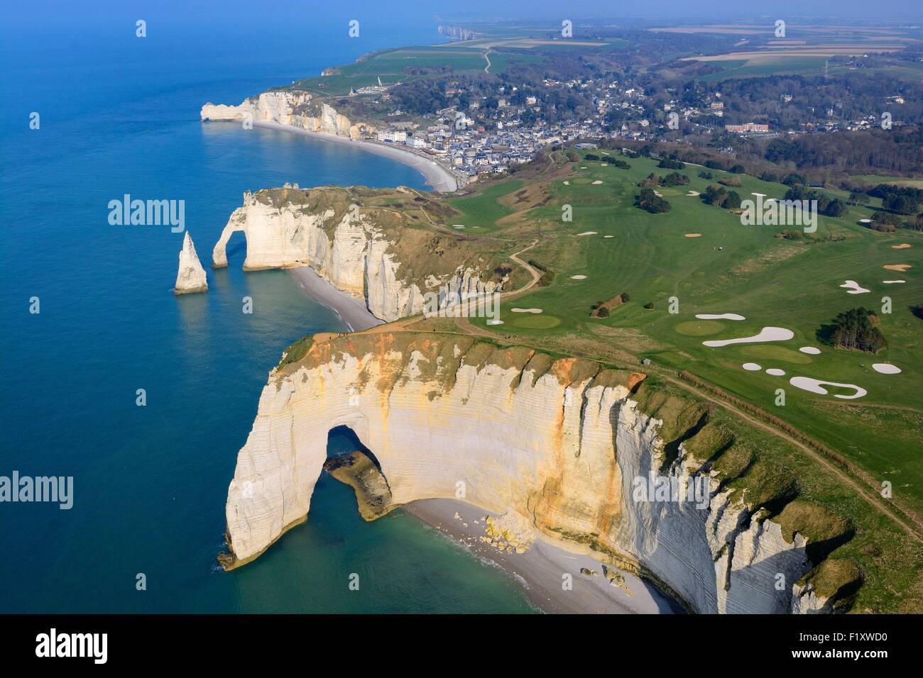 France, Seine Maritime, Etretat, the cliffs and the golf course (aerial view) Stock Photo