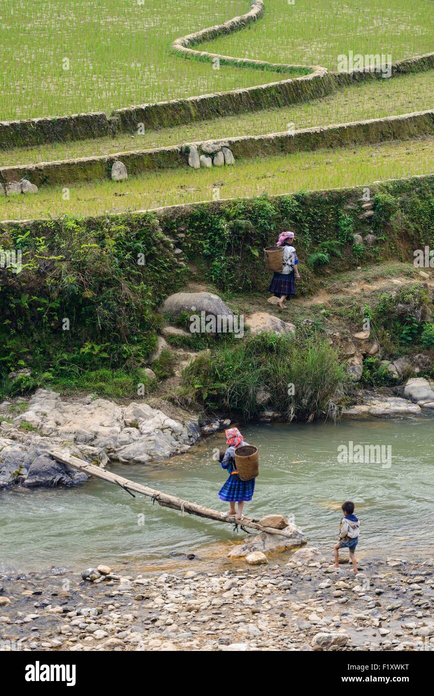 Vietnam, Yen Bai province, Muc Cang Chai, workers, woman of Hmong ethnic group carryng river sand Stock Photo