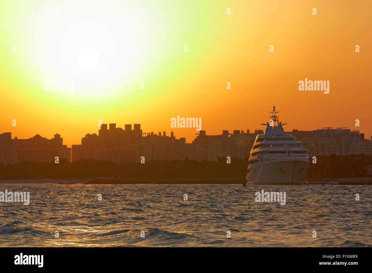 United Arab Emirates, Dubai, Palm Jumeirah, yacht at anchor Stock Photo