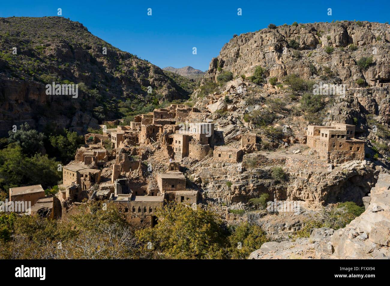 Oman, Ad-Dakhiliyah, Djebel Akhdar, Sayq Plateau, Wadi bani habib Stock Photo
