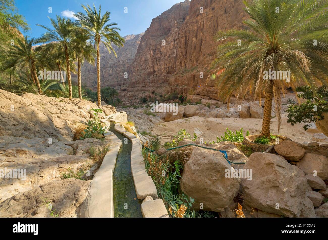 Oman, Wadi Shab, falaj, or irrigation channel Stock Photo