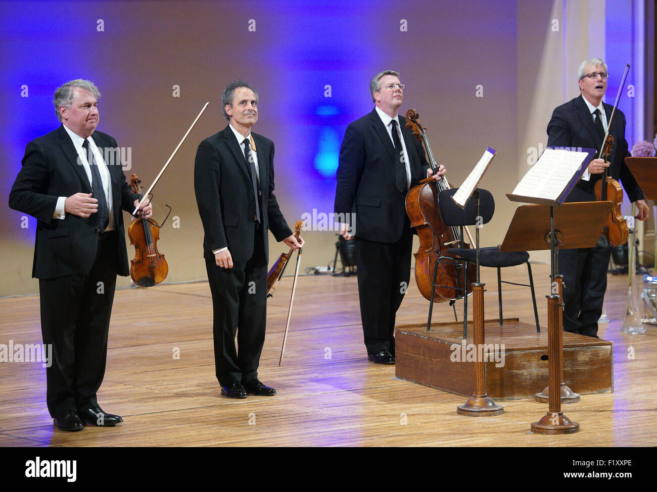 Prague, Czech Republic. 8th Sep, 2015. Emerson String Quartet performs in  Rudolfinum Hall during the concert of the Dvorak Prague Festival in Prague,  Czech Republic, on Tuesday, September 8, 2015. Credit: Vit