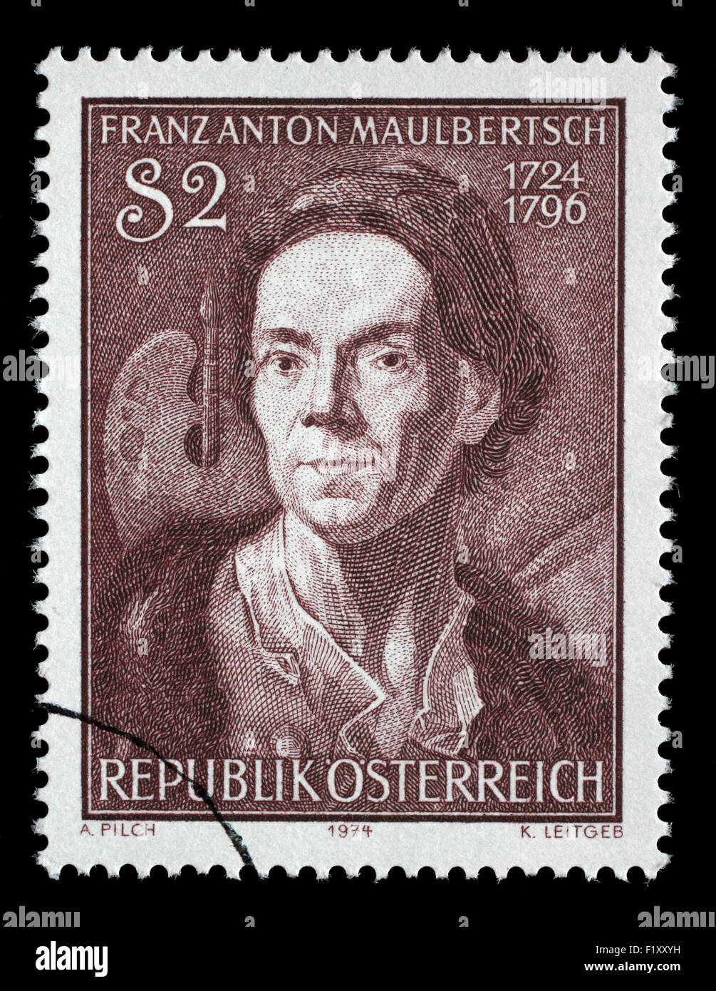 AUSTRIA - CIRCA 1974: stamp printed by Austria, shows Franz Anton Maulbertsch, Austrian painter and engraver , circa 1974 Stock Photo