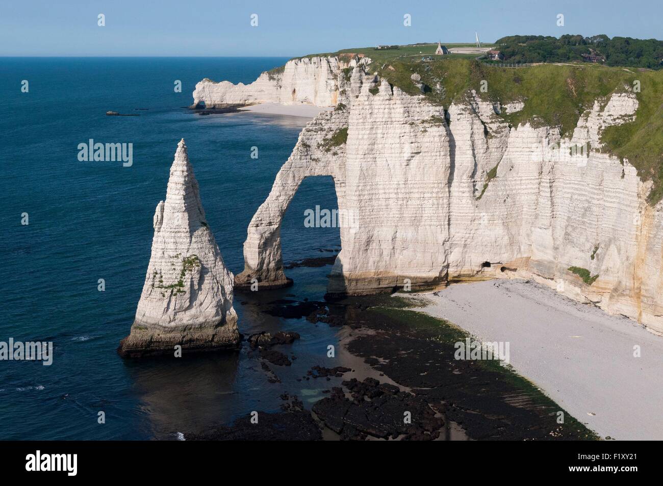 France, Seine Maritime, Pays de Caux, Cote d'Albatre, Etretat, the Aval cliff, Arch and Aiguille (aerial view) Stock Photo