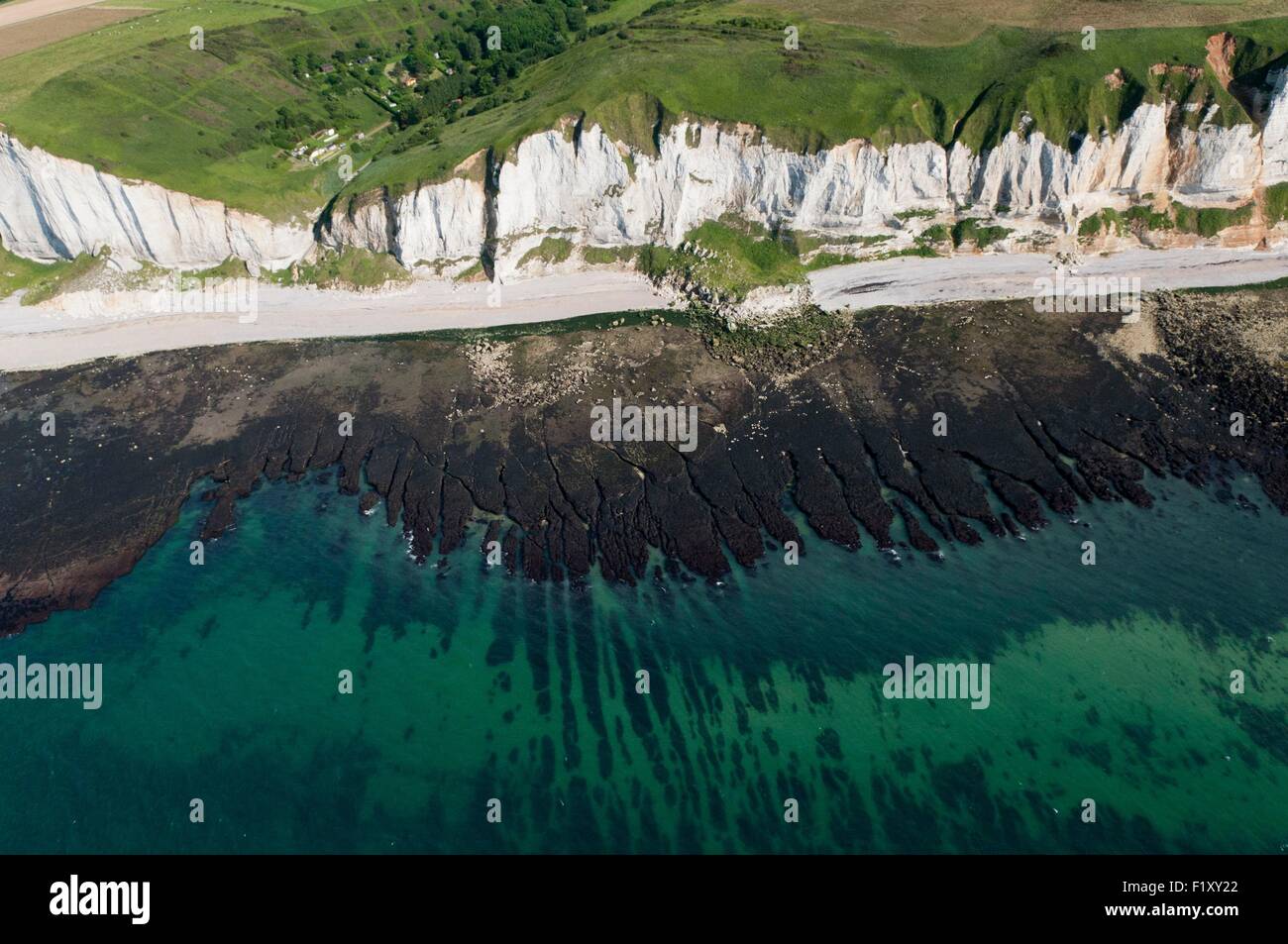 France, Seine Maritime, Pays de Caux, Cote d'Albatre, coast between Fecamp and Etretat, Valleuse, cliffs, rocky reef (aerial view) Stock Photo