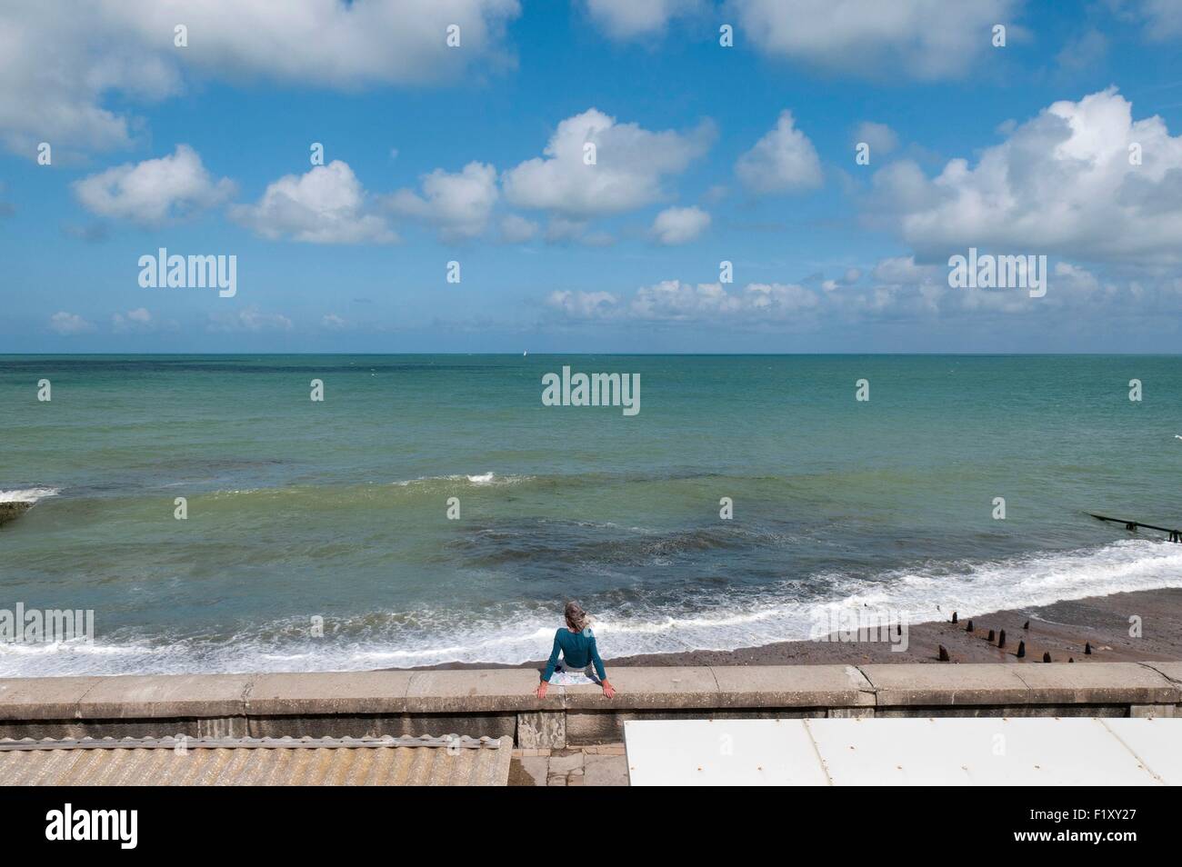 France, Seine Maritime, Pays de Caux, Cote d'Albatre, Varengeville sur Mer, single woman facing the sea Stock Photo