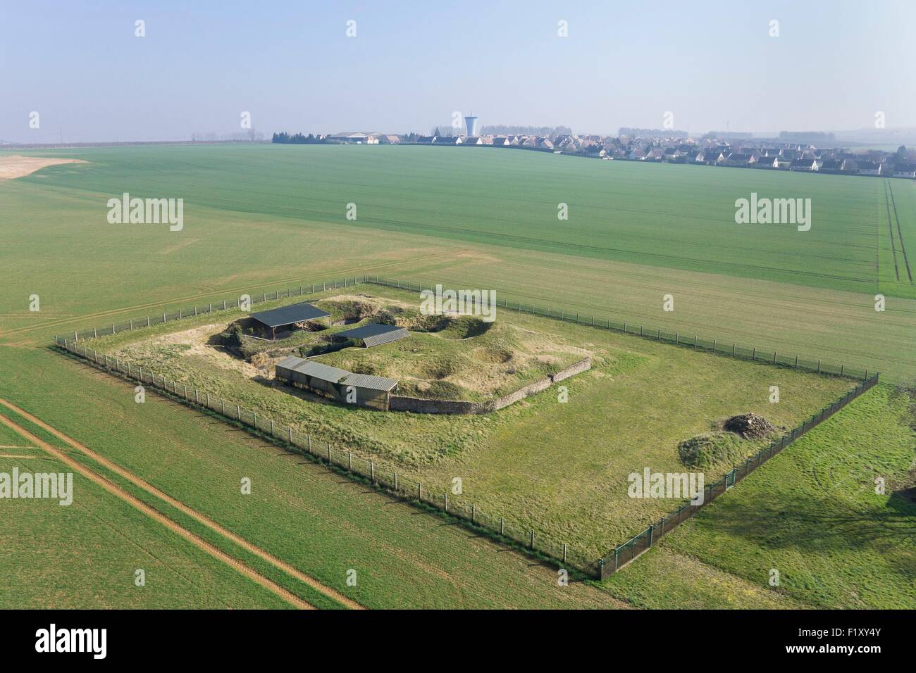 France, Calvados, Fontenay le Marmion, Tumulus de la Hogue, Neolithic mound sheltering twelve funerary chambers (aerial view) Stock Photo